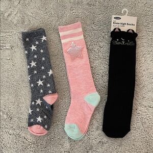 Old Navy Star and Cat Knee-High Socks Trio - Pink, Gray, Black